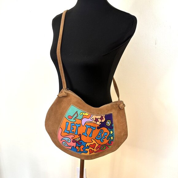 Womens Brown Suede Crossbody Bag Let it Be Psychedelic Design Artisan Music - Picture 2 of 8